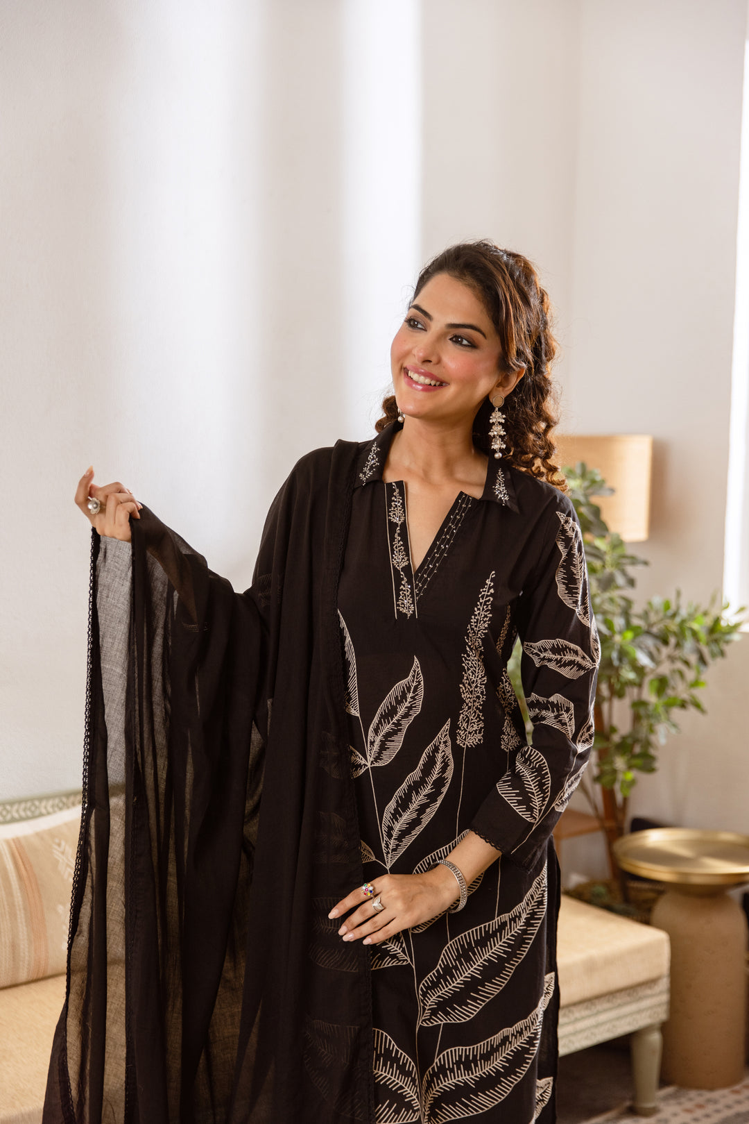 Nehamta Women's Black Cotton Kurta with Pant & Dupatta