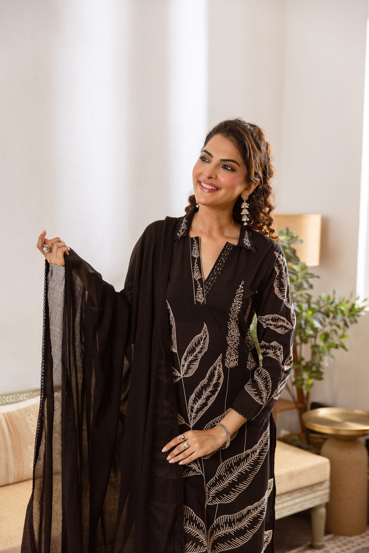 Nehamta Women's Black Cotton Kurta with Pant & Dupatta