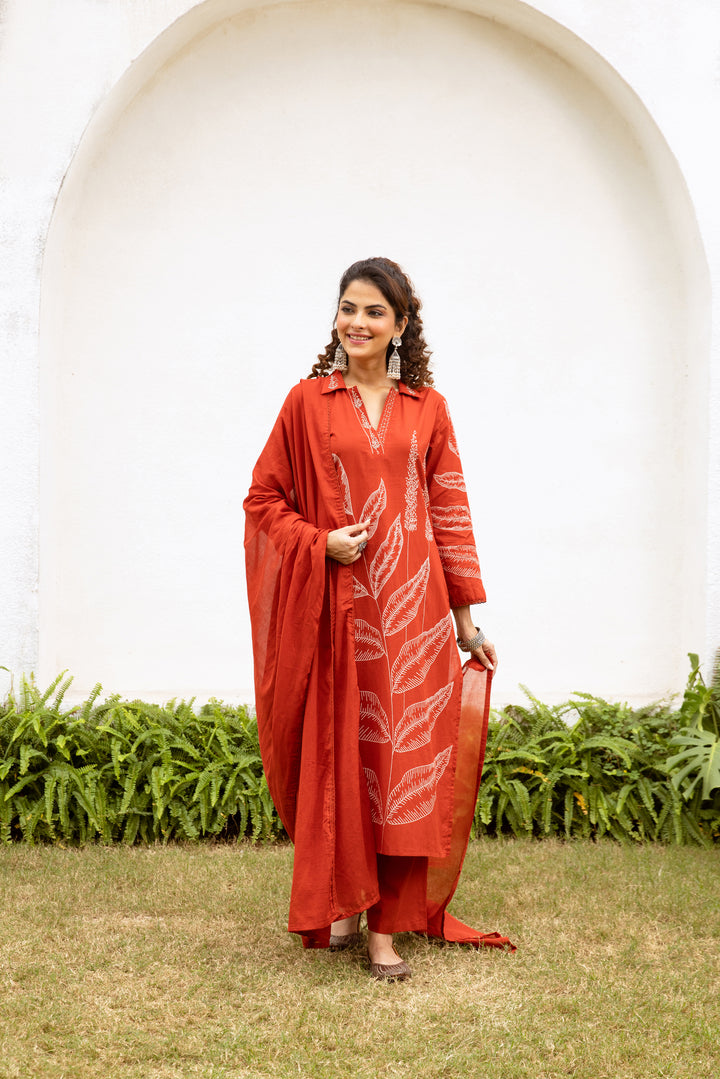 Nehamta Women's Rust Cotton Kurta with Pant & Dupatta