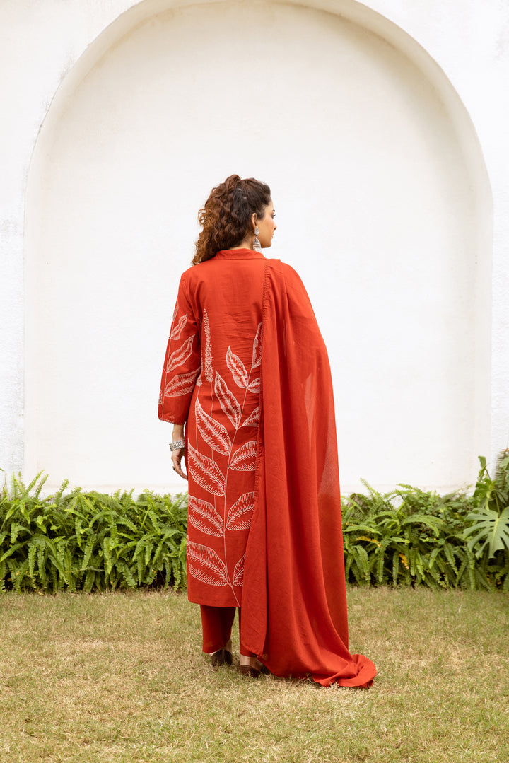 Nehamta Women's Rust Cotton Kurta with Pant & Dupatta