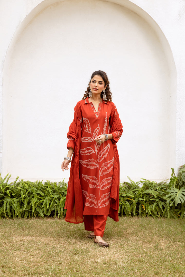 Nehamta Women's Rust Cotton Kurta with Pant & Dupatta