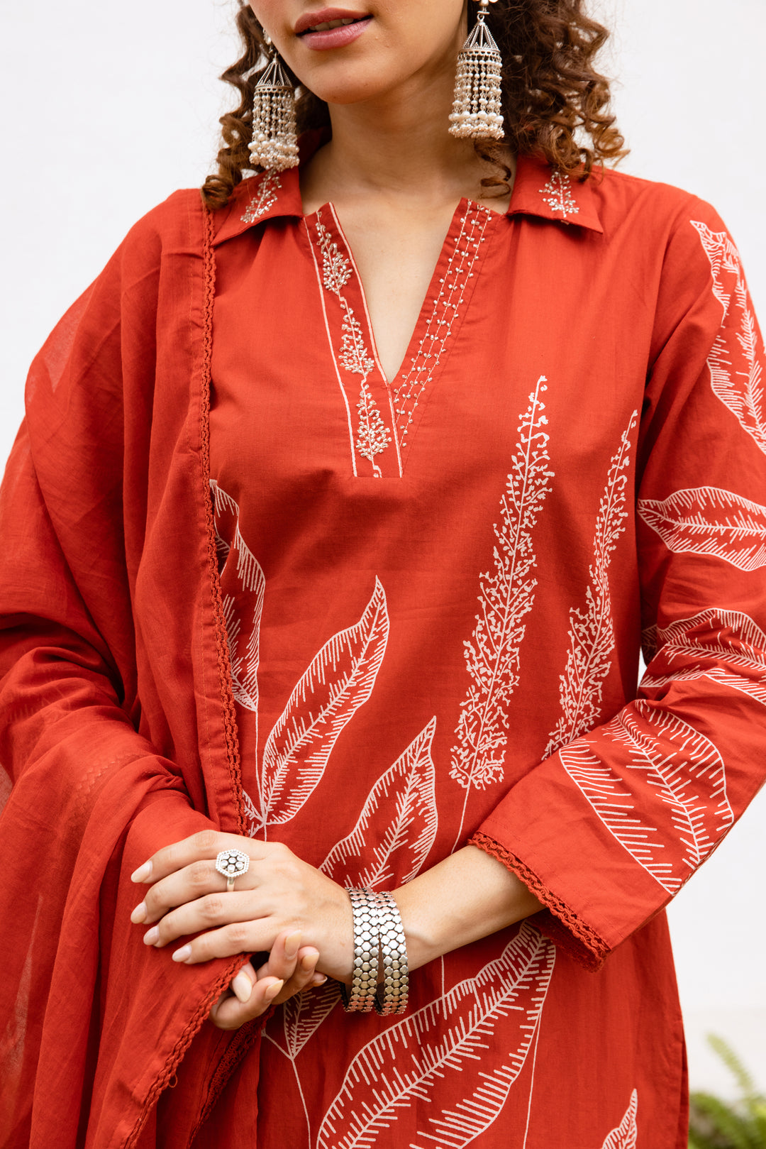 Nehamta Women's Rust Cotton Kurta with Pant & Dupatta