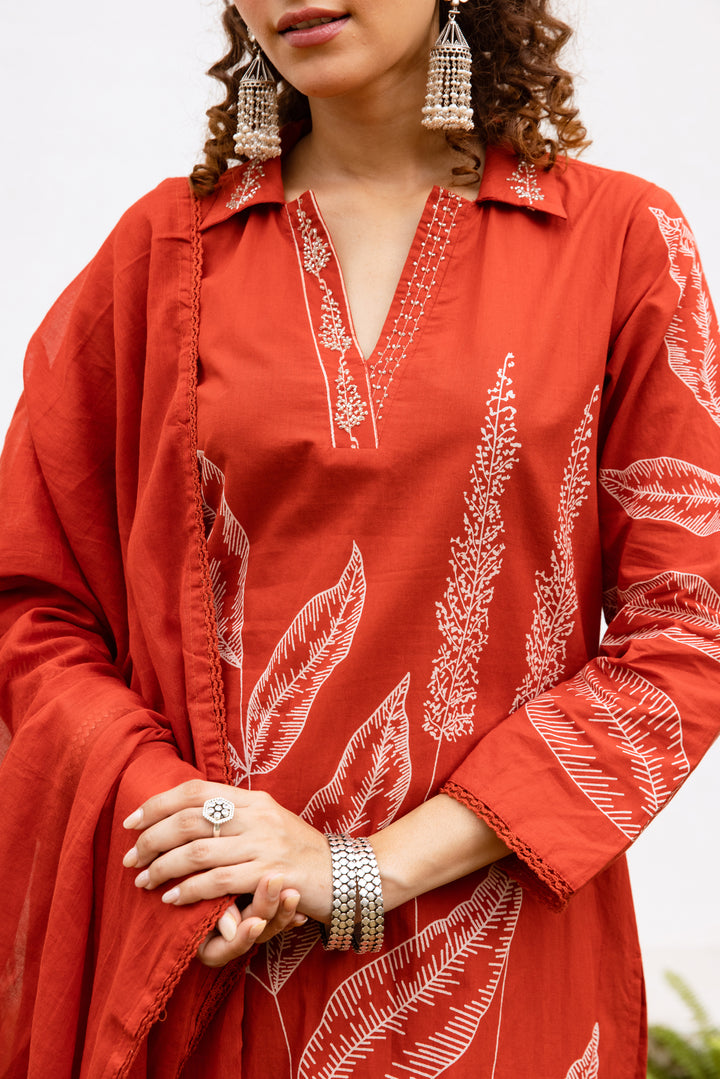 Nehamta Women's Rust Cotton Kurta with Pant & Dupatta