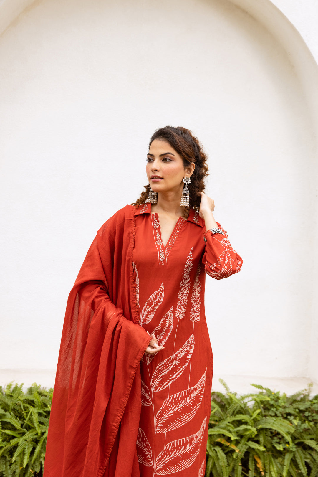 Nehamta Women's Rust Cotton Kurta with Pant & Dupatta