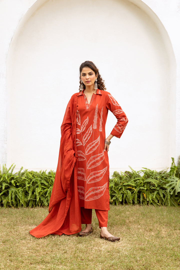 Nehamta Women's Rust Cotton Kurta with Pant & Dupatta