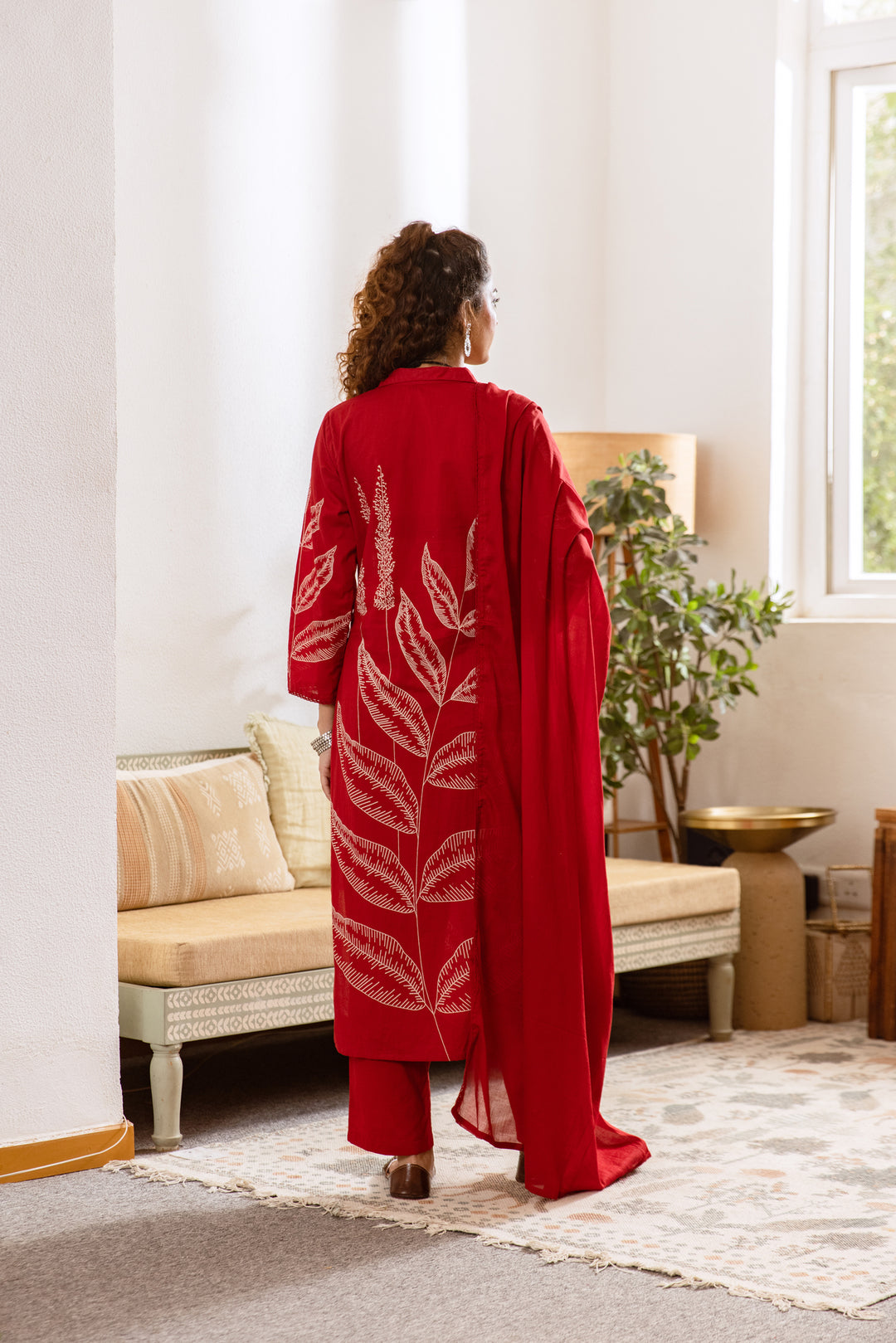 Nehamta Women's Red Cotton Kurta with Pant & Dupatta