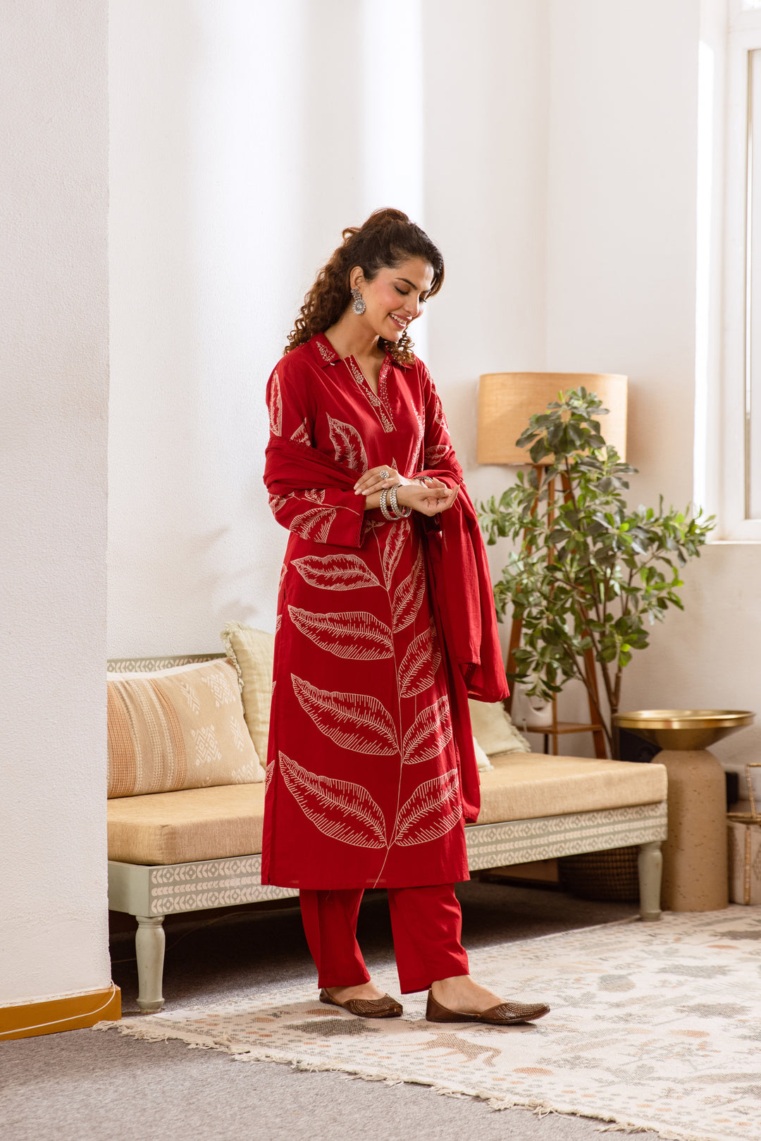 Nehamta Women's Red Cotton Kurta with Pant & Dupatta