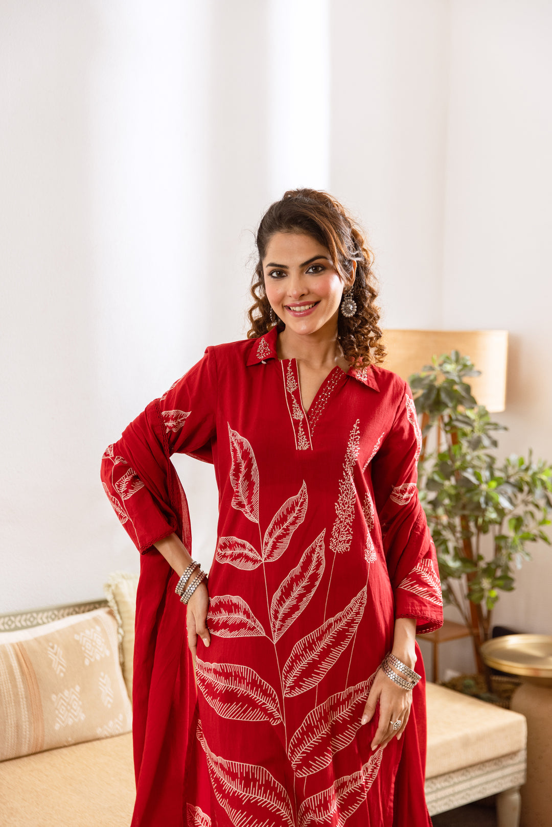 Nehamta Women's Red Cotton Kurta with Pant & Dupatta