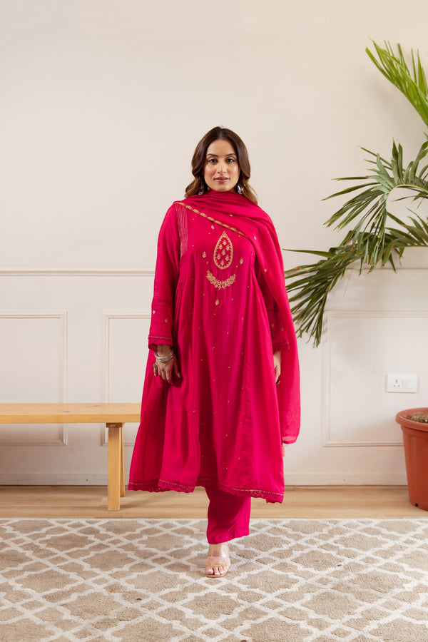 Nehamta Women's Pink Shantoon Kurta with Pant & Dupatta