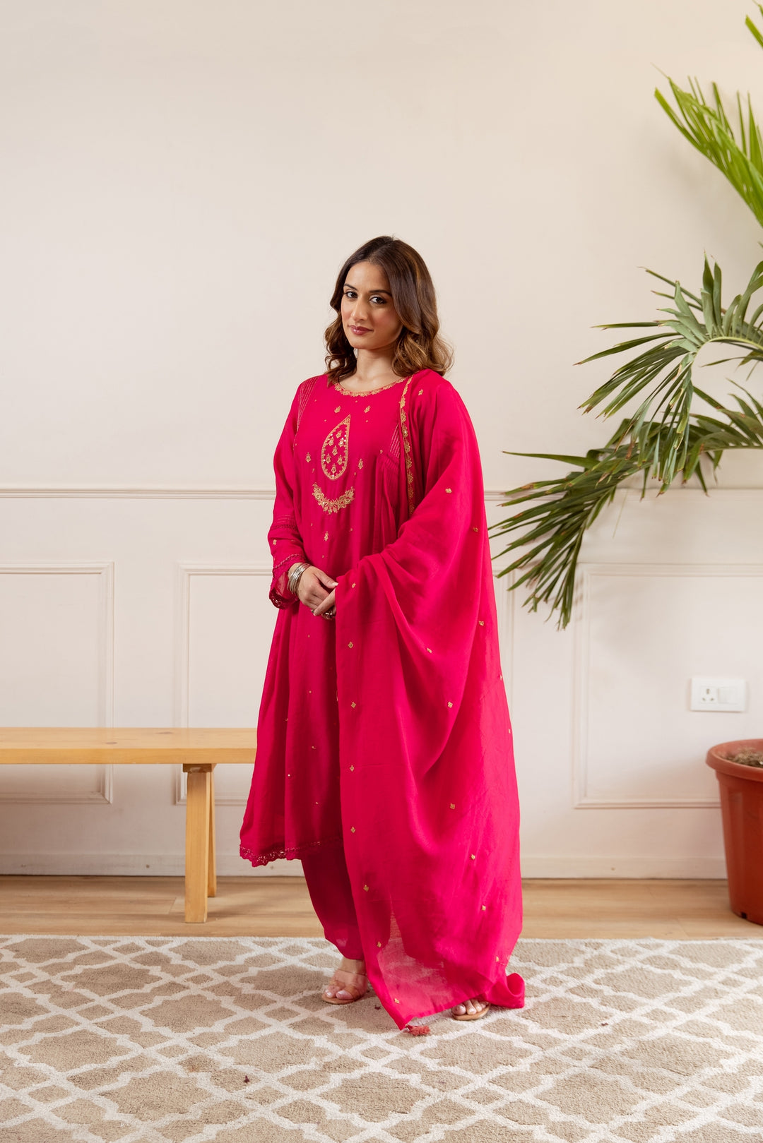 Nehamta Women's Pink Shantoon Kurta with Pant & Dupatta