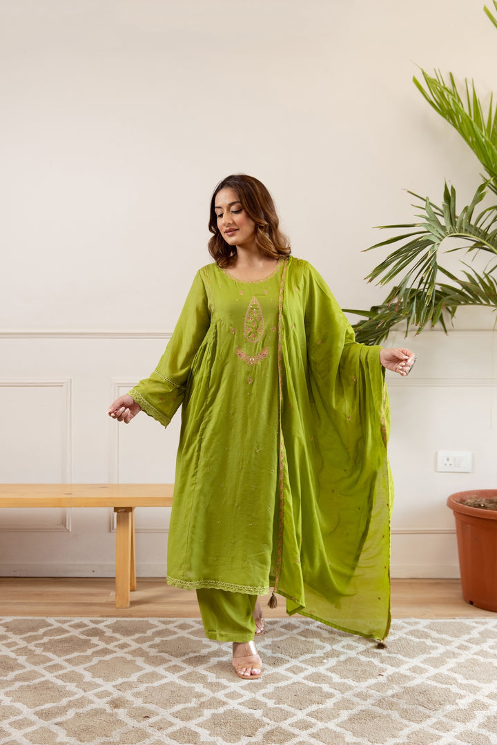 Nehamta Women's Lime Green Shantoon Kurta with Pant & Dupatta