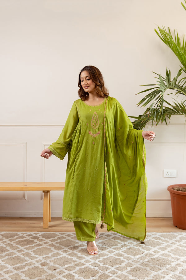 Nehamta Women's Lime Green Shantoon Kurta with Pant & Dupatta