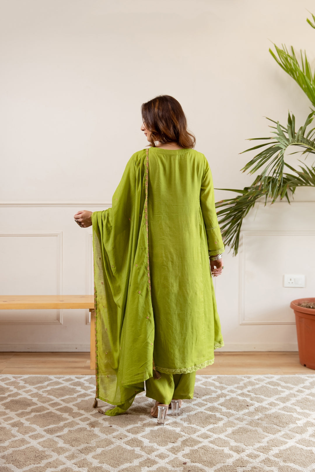 Nehamta Women's Lime Green Shantoon Kurta with Pant & Dupatta