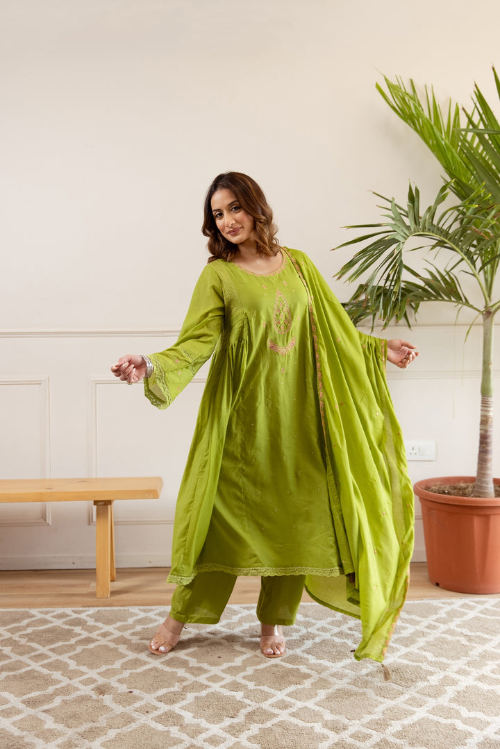 Nehamta Women's Lime Green Shantoon Kurta with Pant & Dupatta