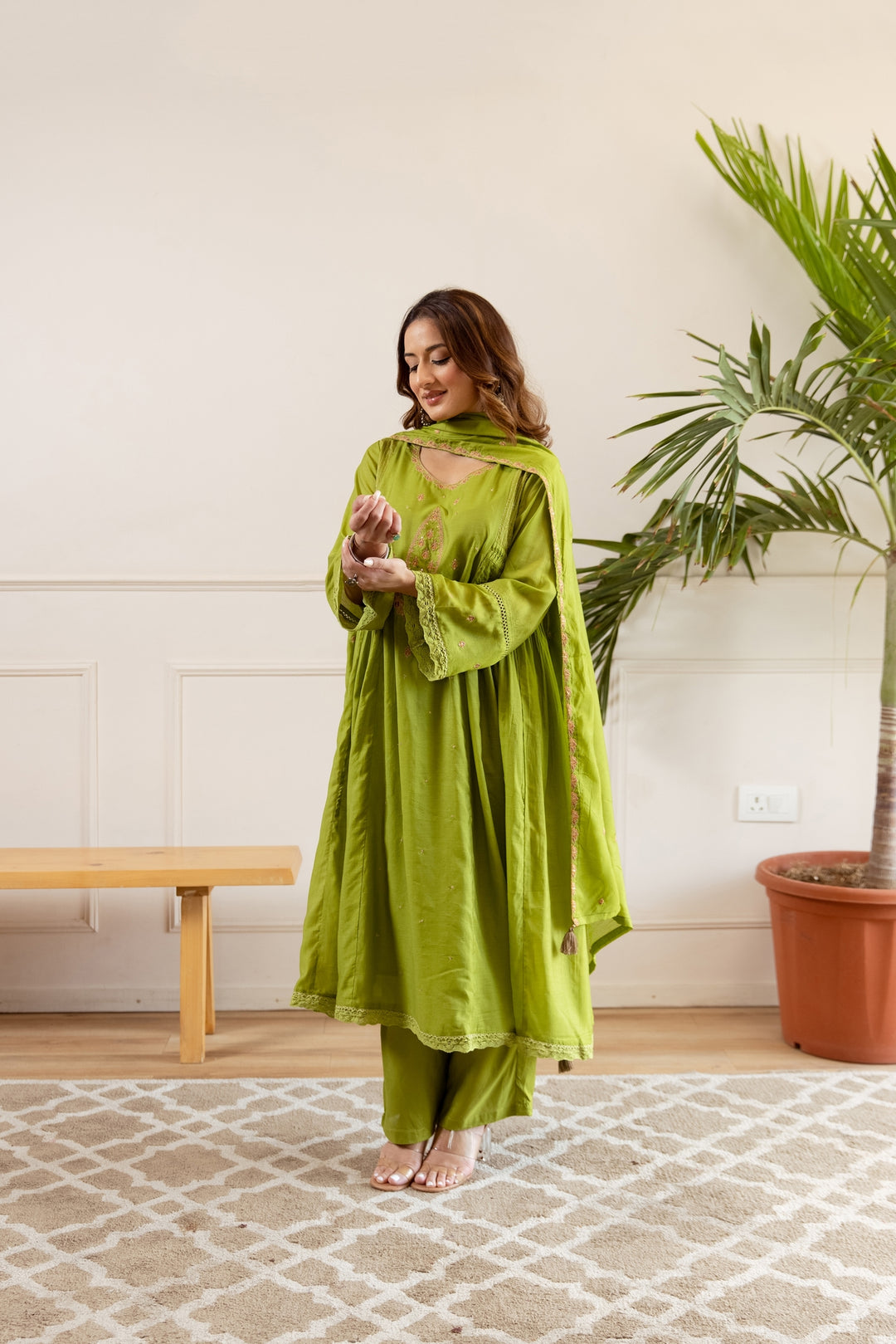 Nehamta Women's Lime Green Shantoon Kurta with Pant & Dupatta