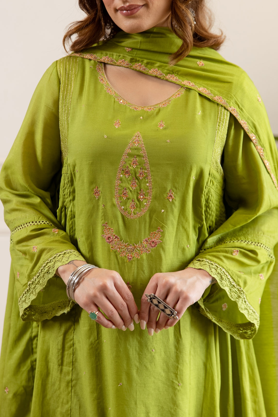 Nehamta Women's Lime Green Shantoon Kurta with Pant & Dupatta