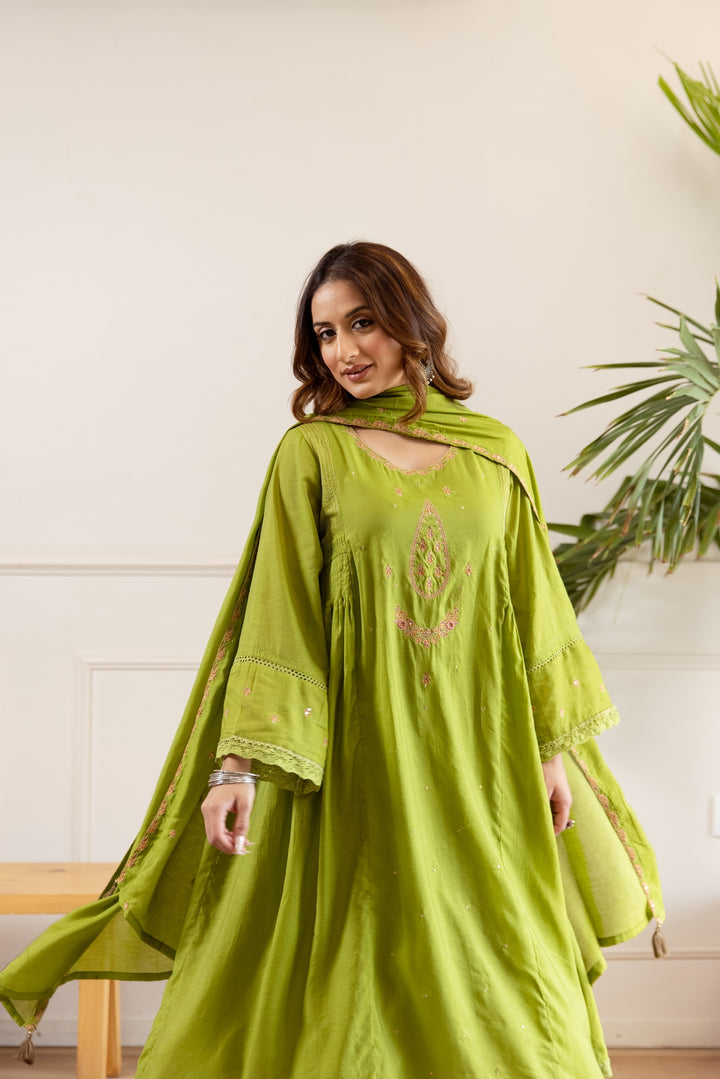 Nehamta Women's Lime Green Shantoon Kurta with Pant & Dupatta