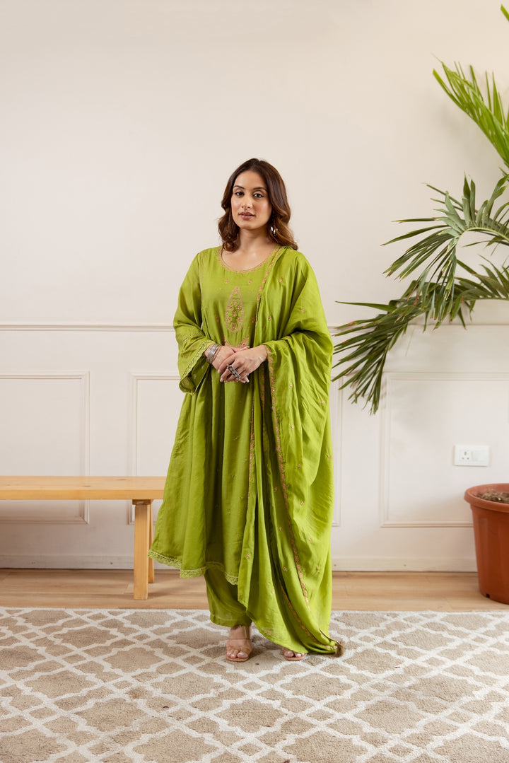 Nehamta Women's Lime Green Shantoon Kurta with Pant & Dupatta