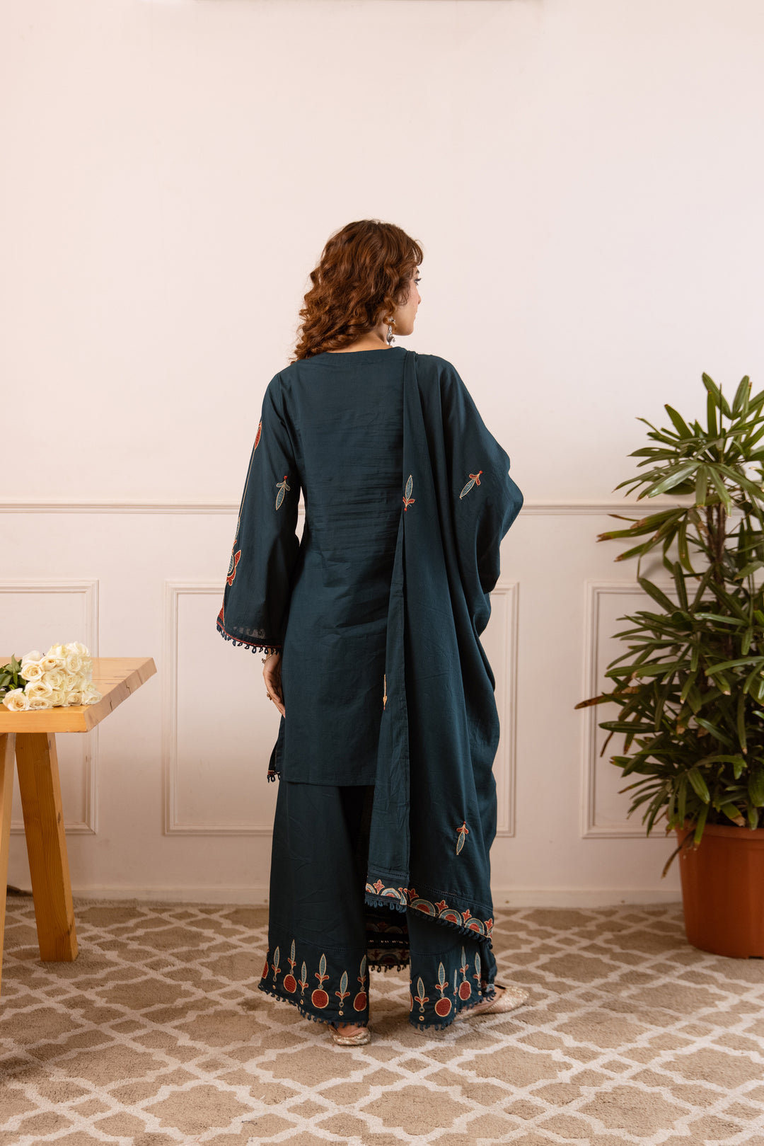 Nehamta Women's Teal Cotton Kurta with Pant & Dupatta