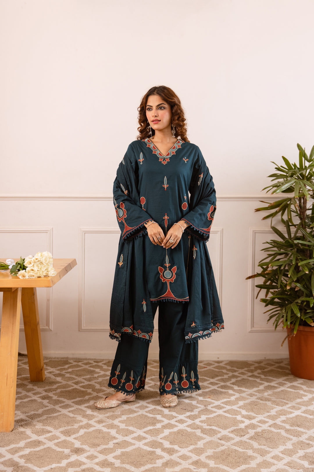 Nehamta Women's Teal Cotton Kurta with Pant & Dupatta