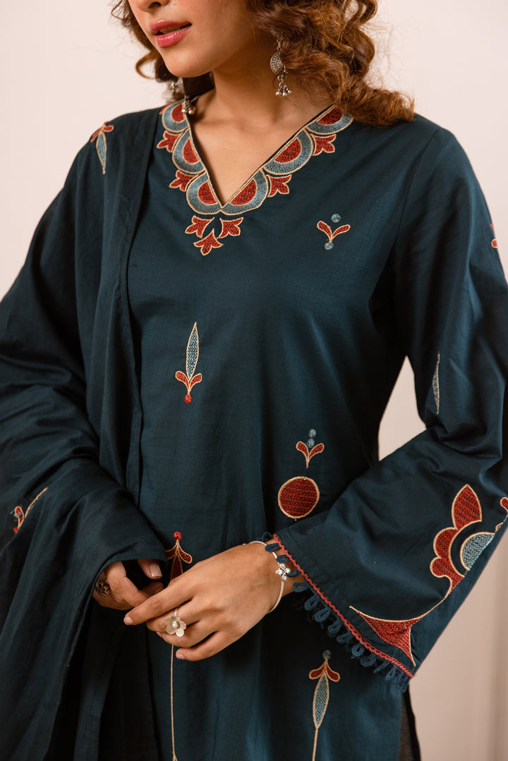 Nehamta Women's Teal Cotton Kurta with Pant & Dupatta