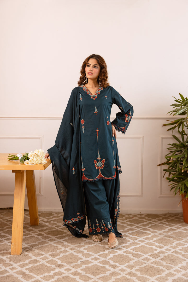 Nehamta Women's Teal Cotton Kurta with Pant & Dupatta