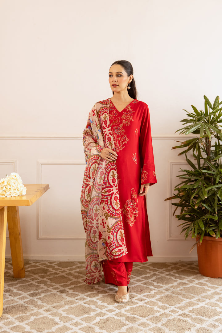 Nehamta Women's Red Rayon Kurta with Pant & Dupatta