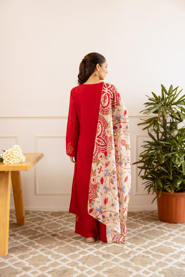 Nehamta Women's Red Rayon Kurta with Pant & Dupatta