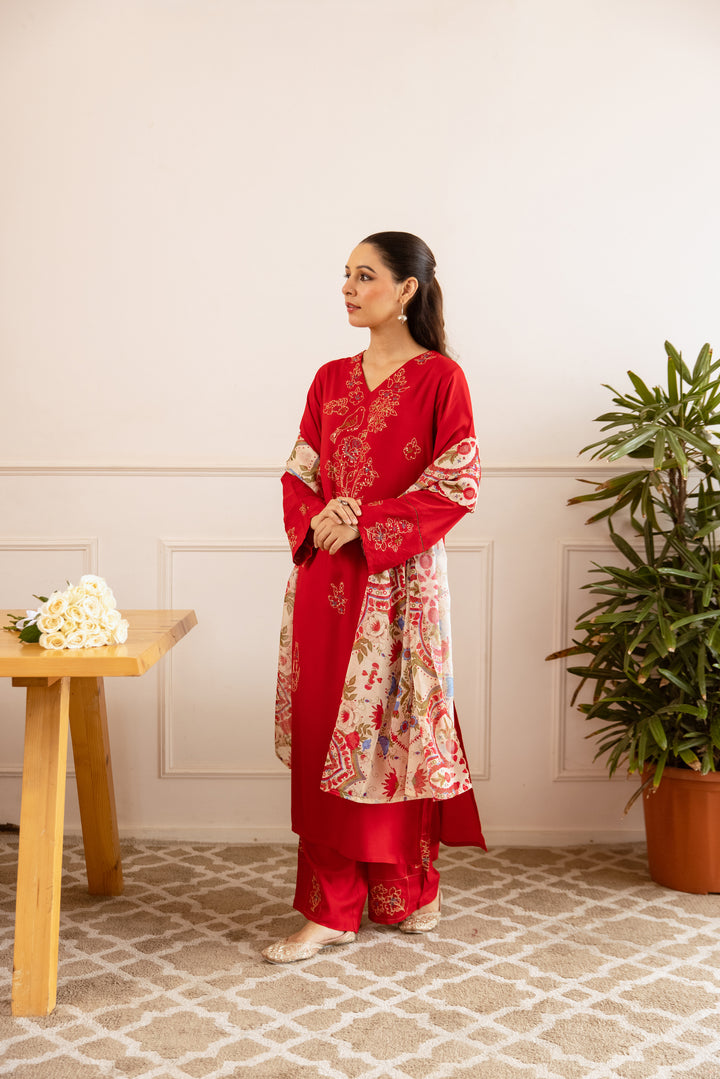 Nehamta Women's Red Rayon Kurta with Pant & Dupatta