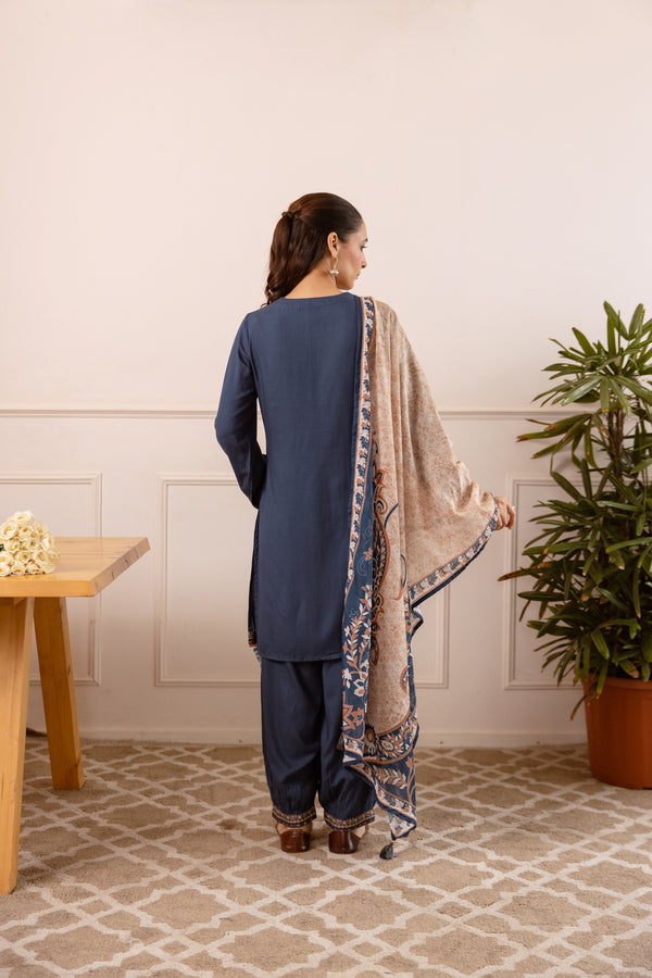 Nehamta Women's Navy Blue Rayon Kurta with Salwar & Dupatta