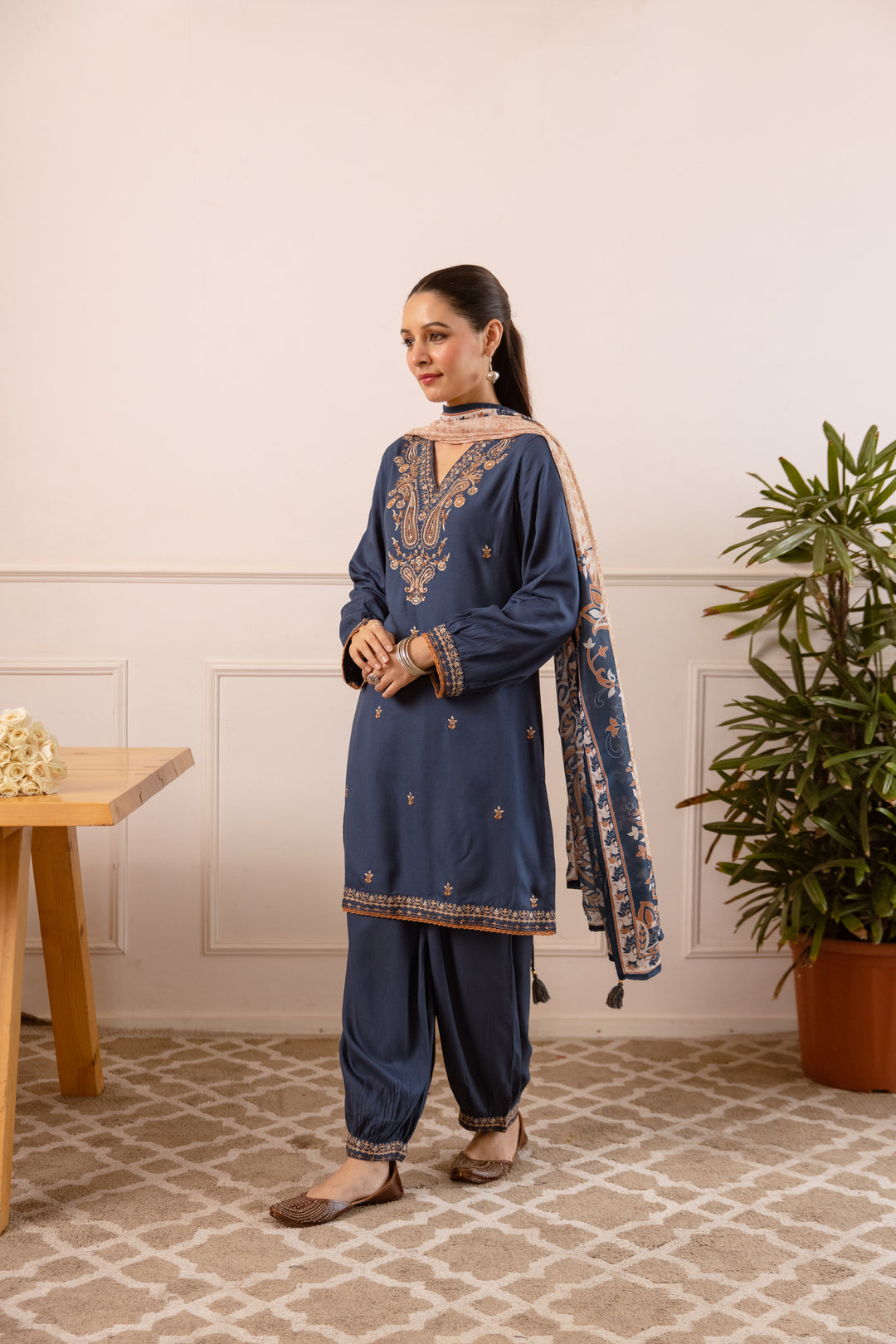 Nehamta Women's Navy Blue Rayon Kurta with Salwar & Dupatta