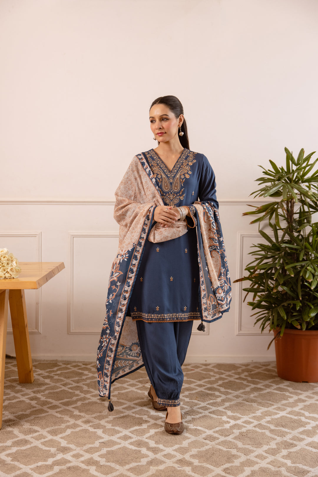 Nehamta Women's Navy Blue Rayon Kurta with Salwar & Dupatta