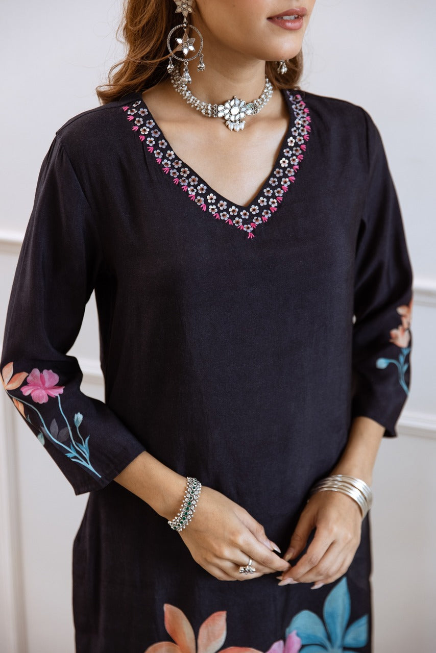 Nehamta Women's Black Cotton Kurta with Pant & Dupatta