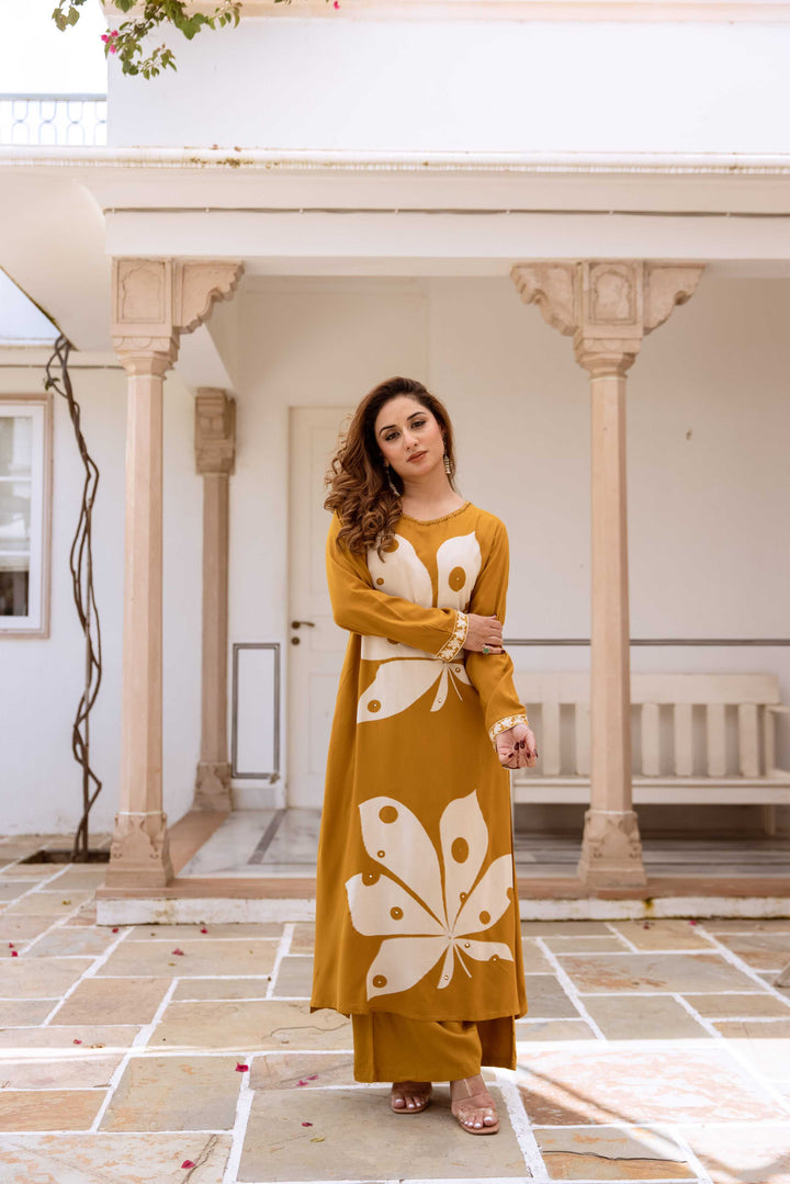 Nehamta Women's Mustard Rayon Kurta & Palazzo Set