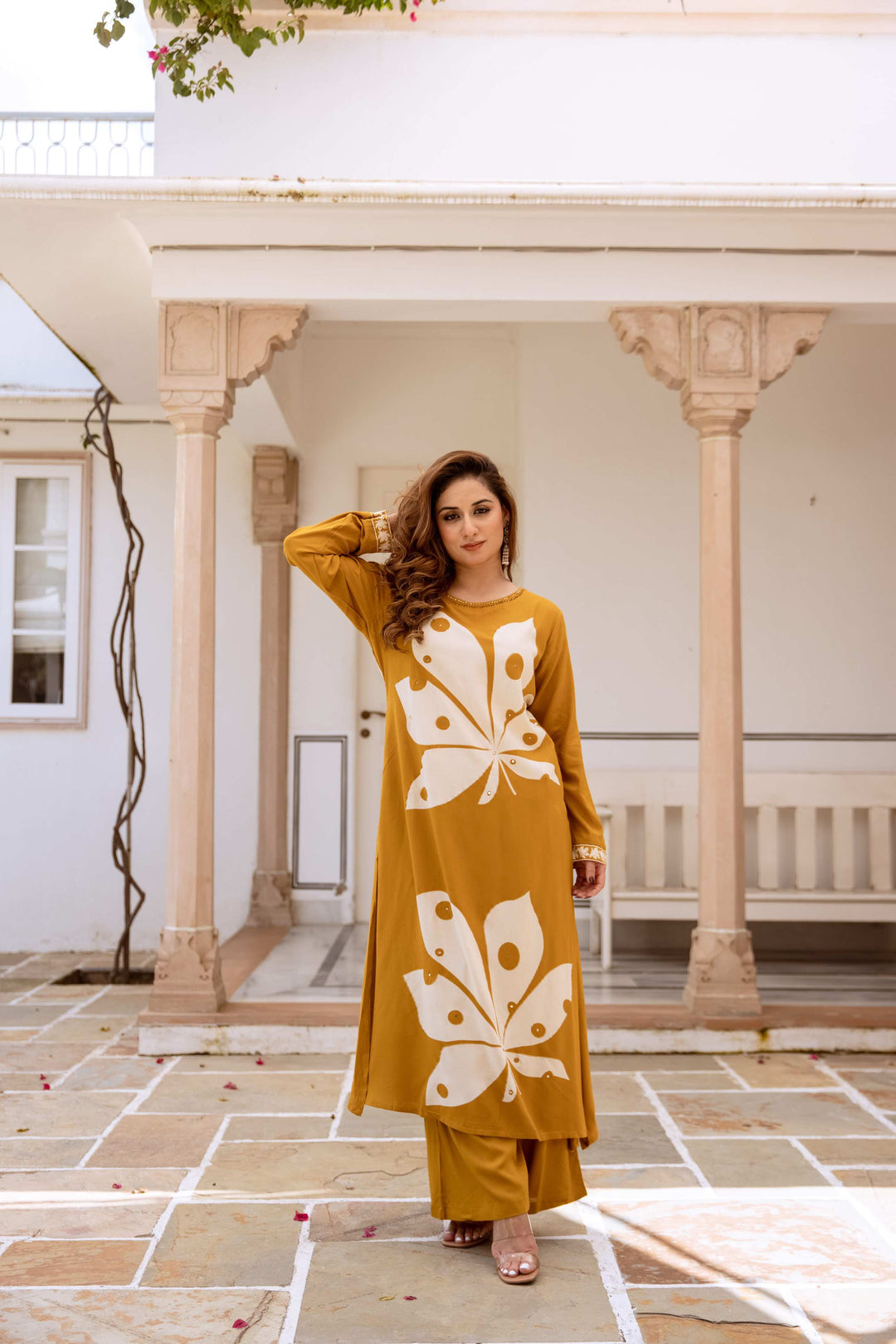 Nehamta Women's Mustard Rayon Kurta & Palazzo Set