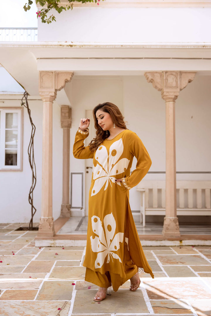 Nehamta Women's Mustard Rayon Kurta & Palazzo Set