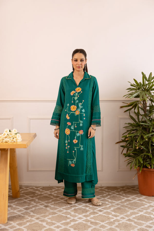 Nehamta Women's Green Rayon Kurta with Pant