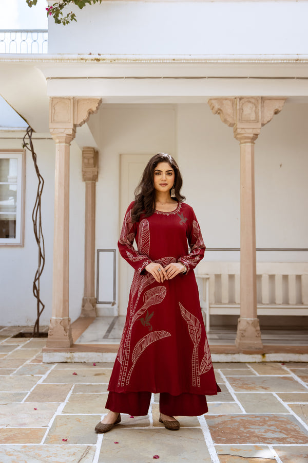 Nehamta Women's Red Rayon Kurta & Palazzo Set