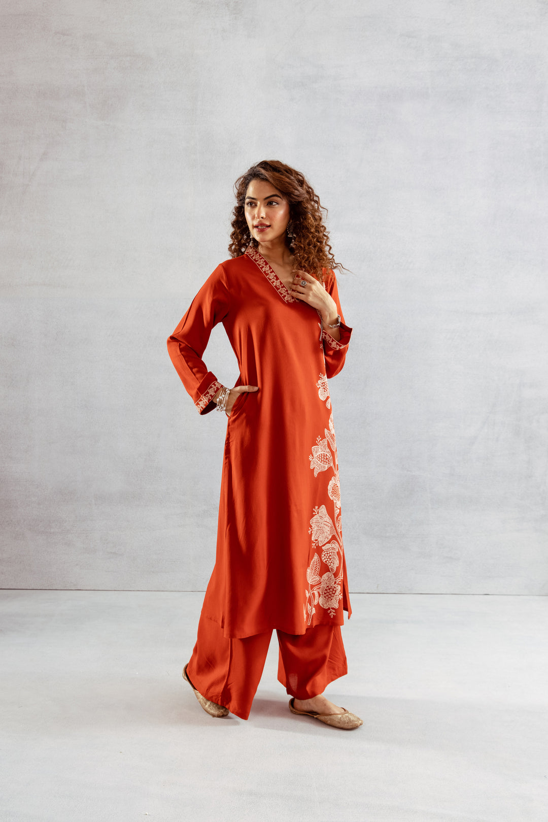 Nehamta Women's Rust Rayon Kurta & Palazzo Set