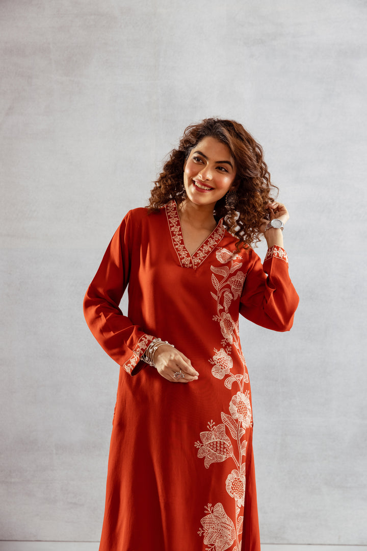 Nehamta Women's Rust Rayon Kurta & Palazzo Set