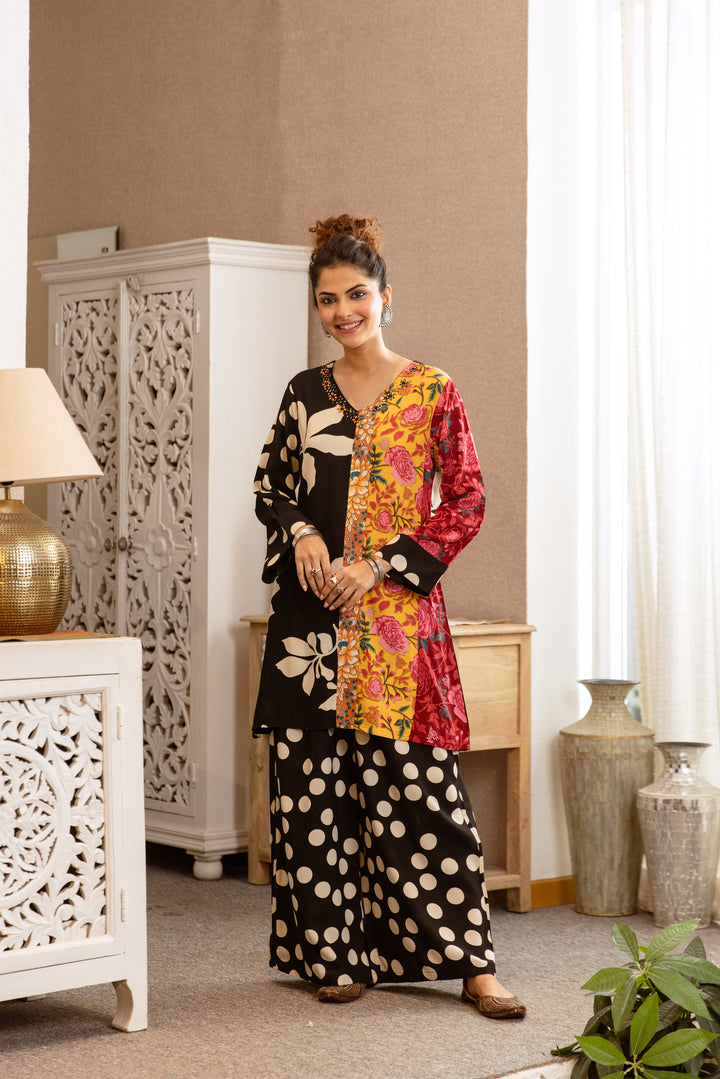 Nehamta Women's Black Rayon Kurta & Palazzo Set