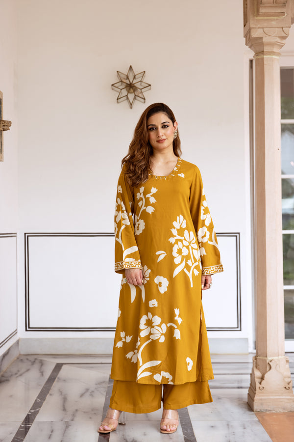 Nehamta Women's Mustard Rayon Kurta & Palazzo Set