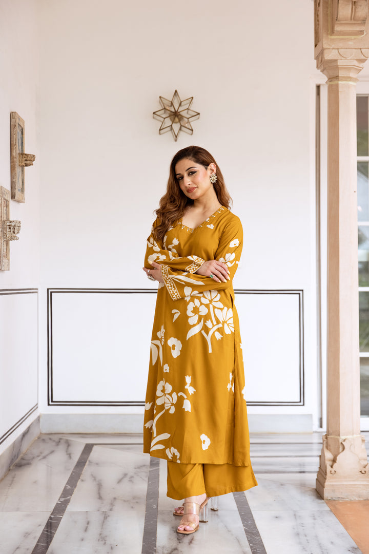 Nehamta Women's Mustard Rayon Kurta & Palazzo Set