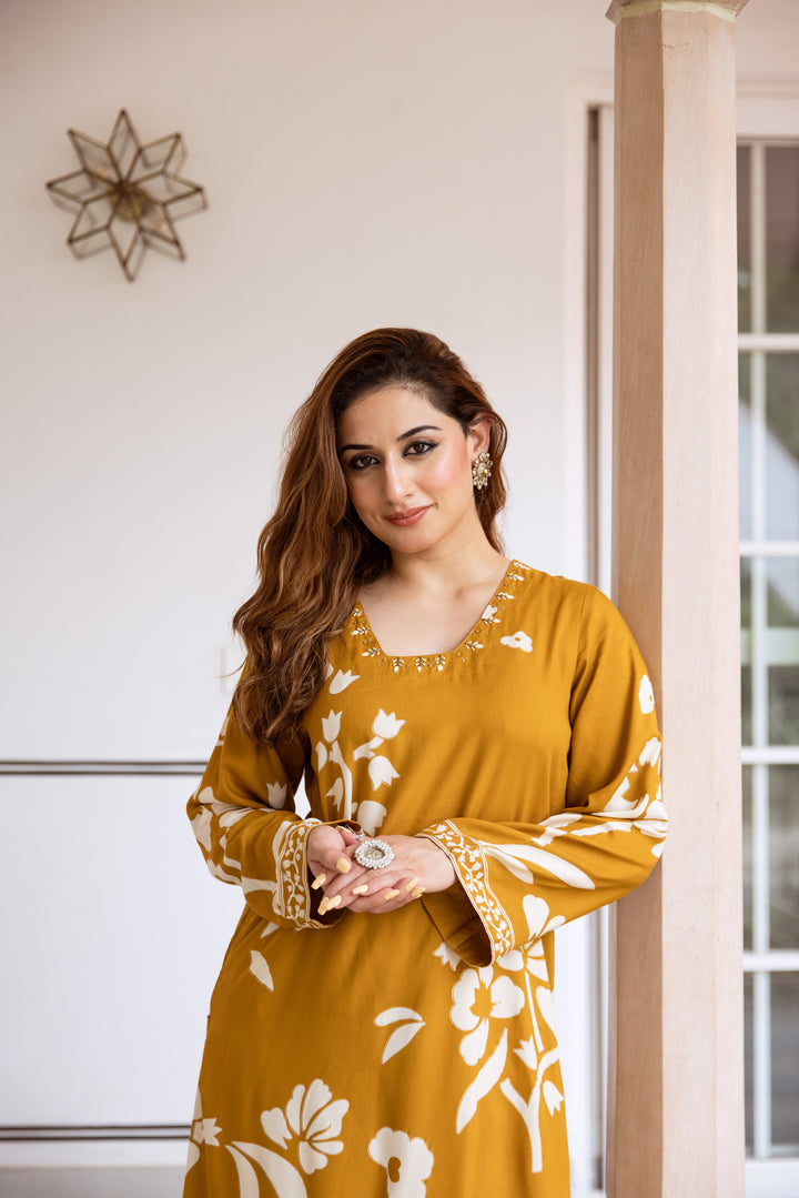 Nehamta Women's Mustard Rayon Kurta & Palazzo Set