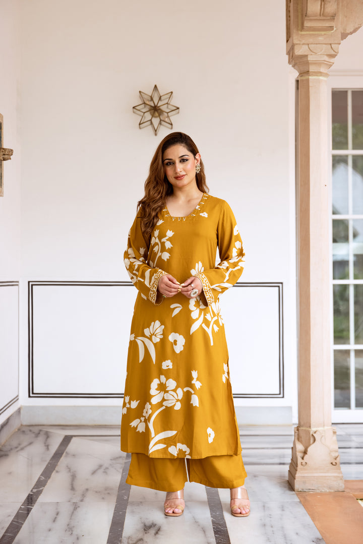Nehamta Women's Mustard Rayon Kurta & Palazzo Set