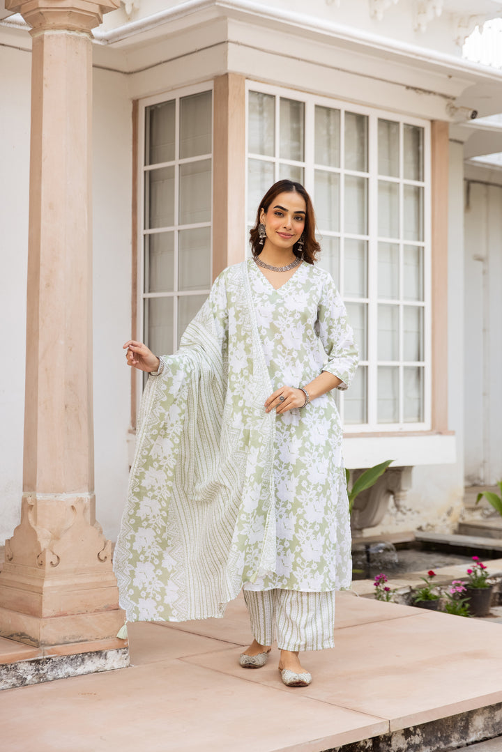 Nehamta Women's Pista Green:White Cotton Kurta with Trouser & Dupatta