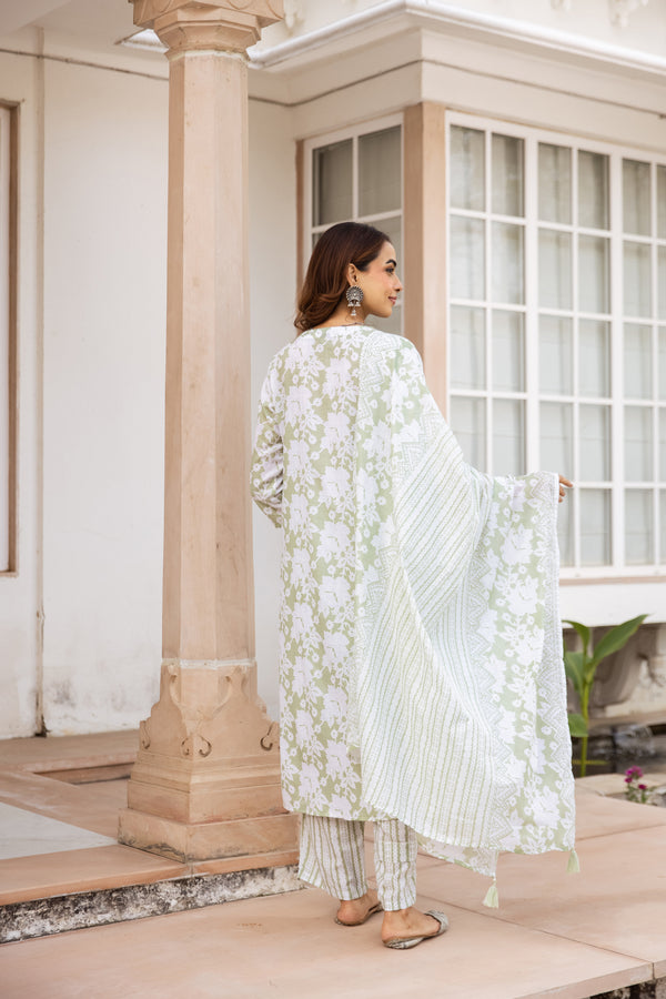 Nehamta Women's Pista Green:White Cotton Kurta with Trouser & Dupatta