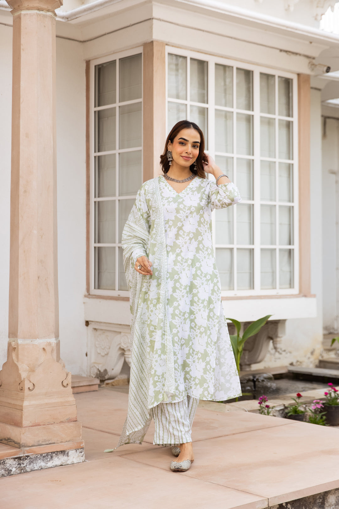 Nehamta Women's Pista Green:White Cotton Kurta with Trouser & Dupatta