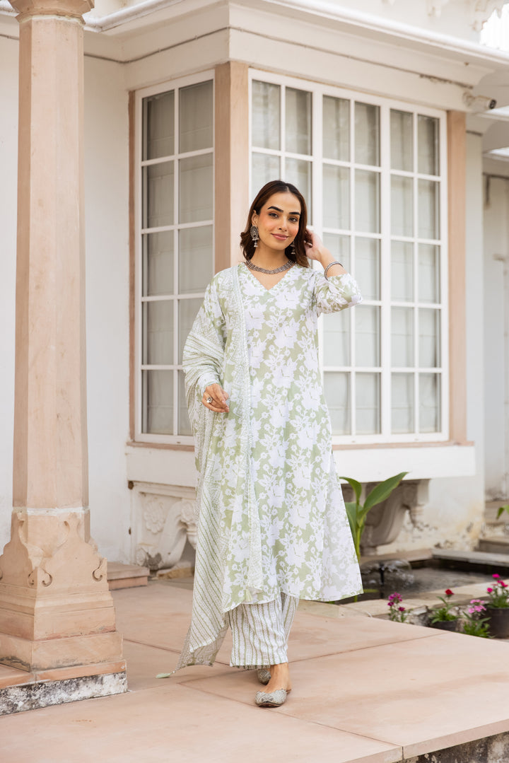 Nehamta Women's Pista Green:White Cotton Kurta with Trouser & Dupatta