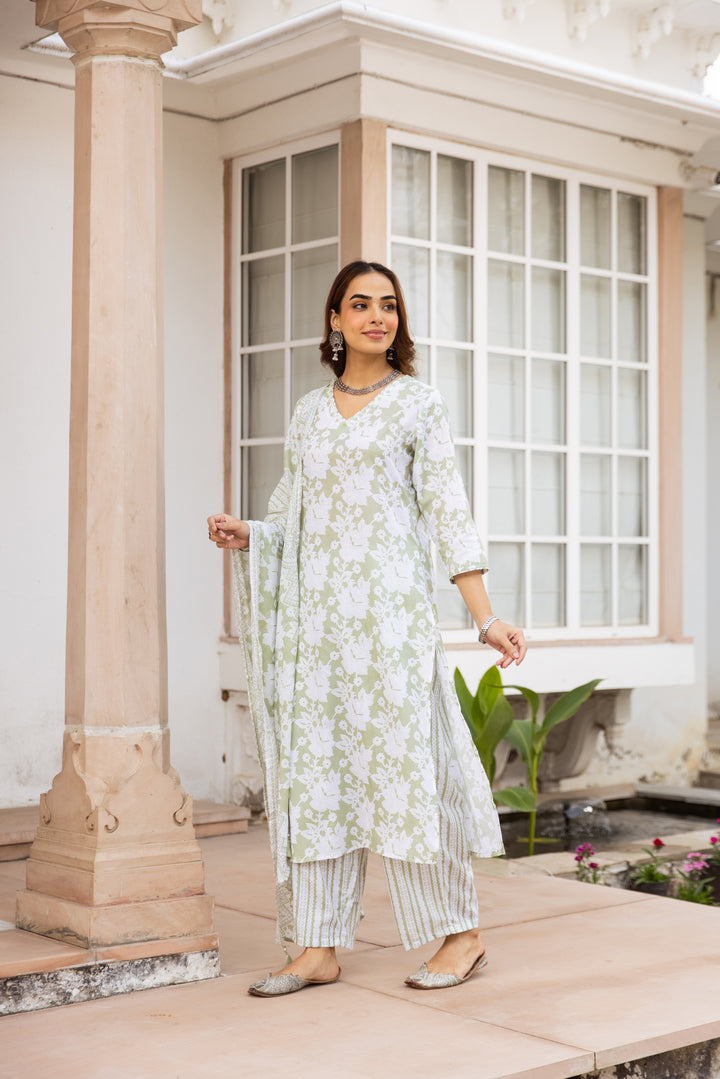 Nehamta Women's Pista Green:White Cotton Kurta with Trouser & Dupatta